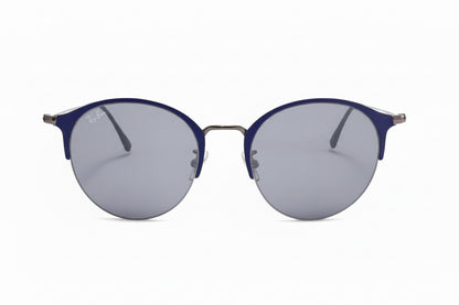 Ray-Ban round sunglasses with a dark blue acetate frame and silver-tone metal rims, featuring gray mirrored lenses.