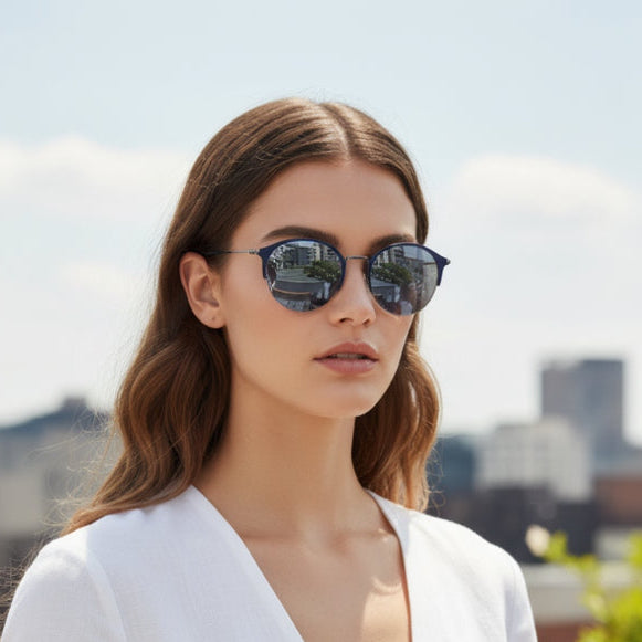 Oval sunglasses with a dark blue metal  frame, silver metal temples, and gradient gray-blue lenses, shown on a plain white background.